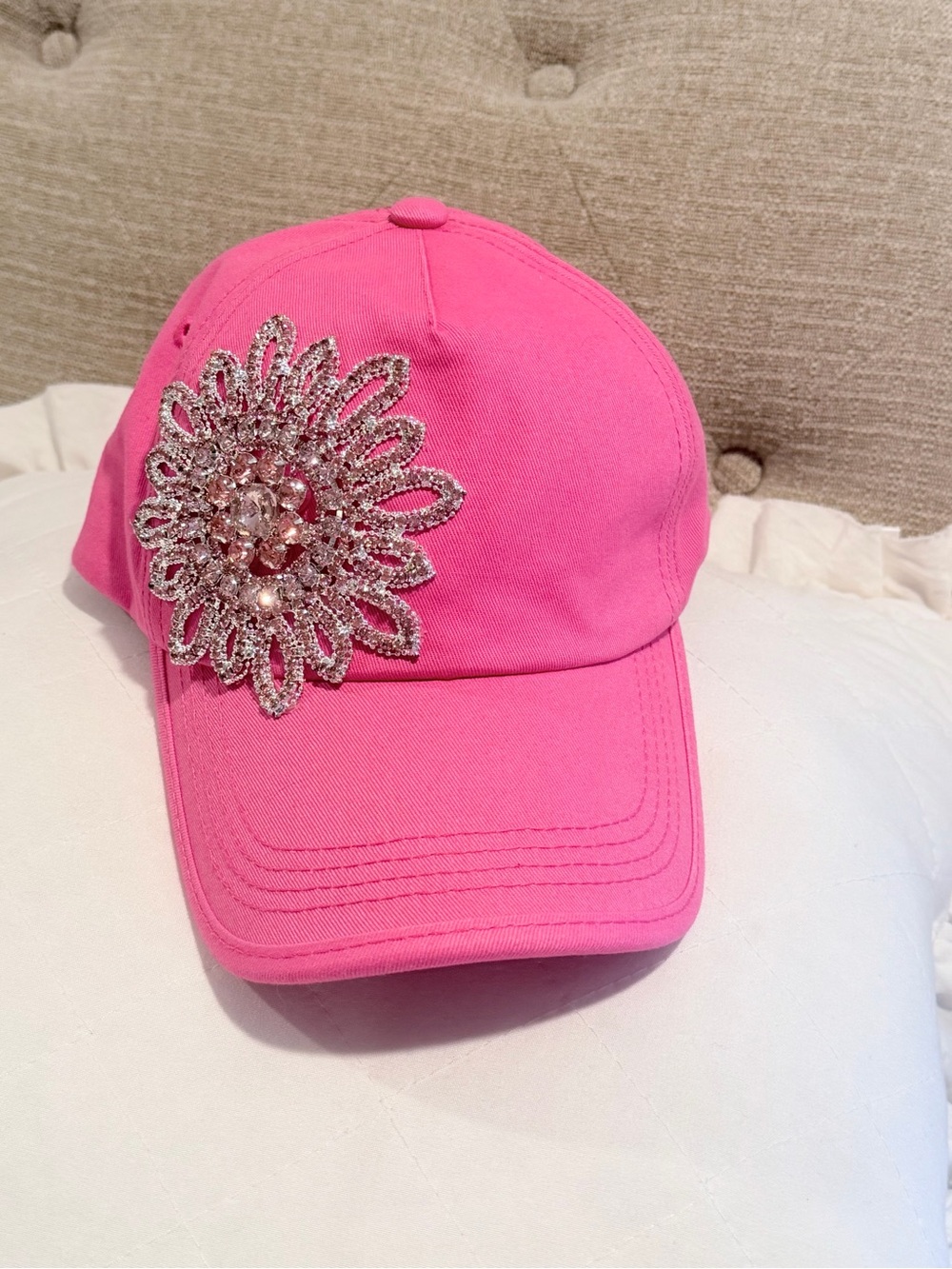 Olive & Pique Women's Bling Crystal Flower Distressed Baseball Hat NWOT